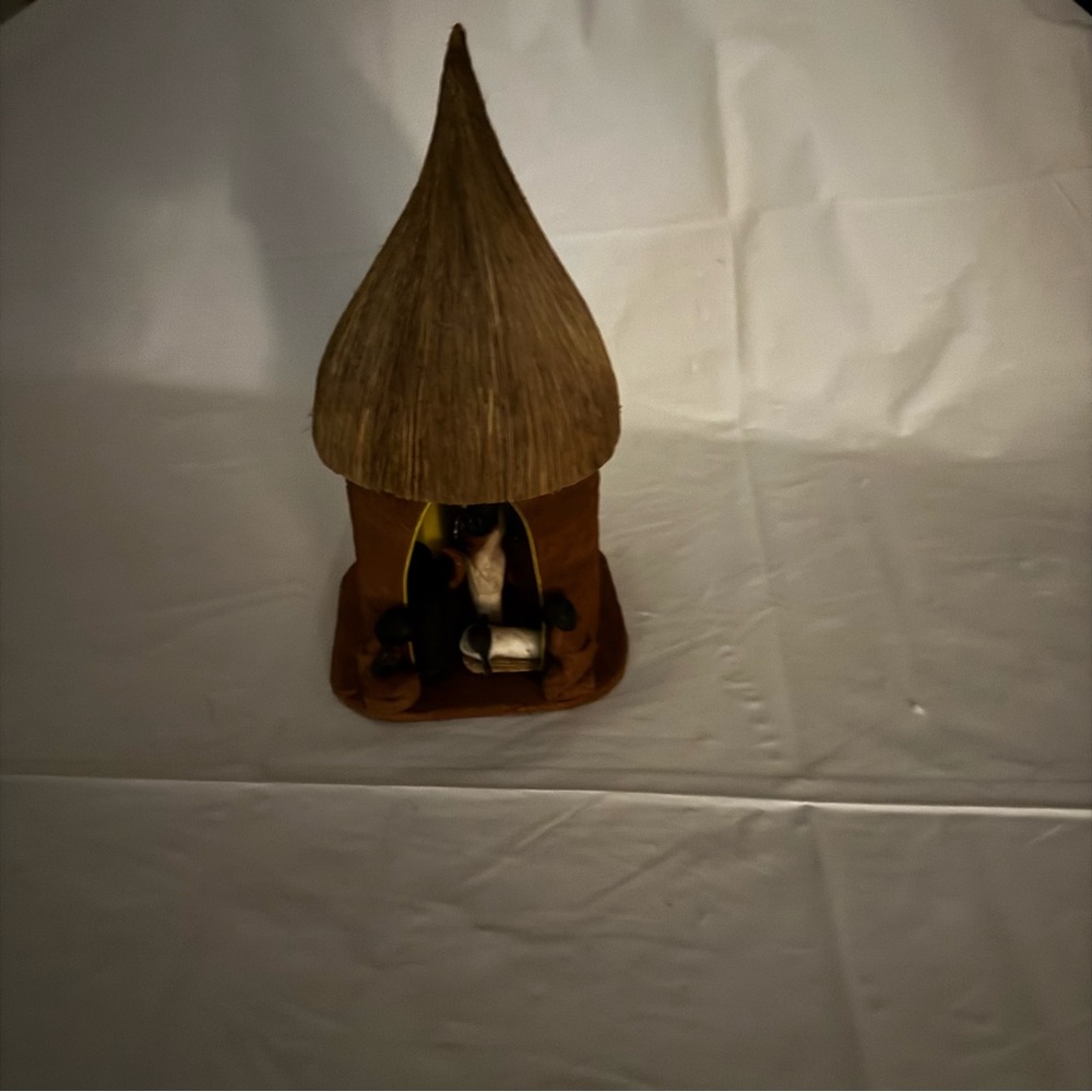 Vtg Christmas Nativity Set Ugandan Bark Cloth Hut Nativity Ornament Christmas